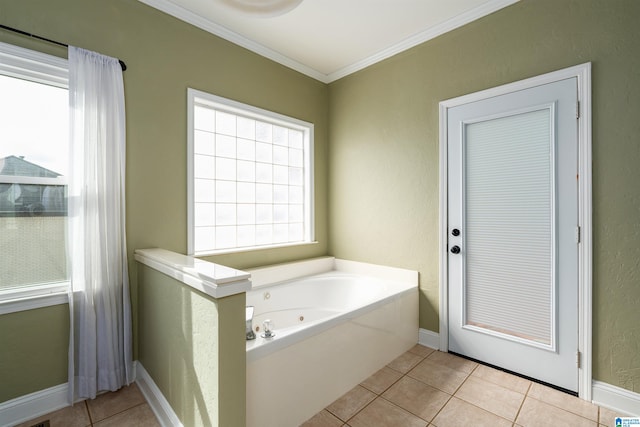 bathroom featuring a tub, tile patterned flooring, and ornamental molding