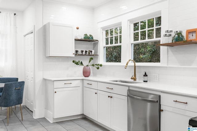 kitchen featuring dishwasher, decorative backsplash, sink, and white cabinets