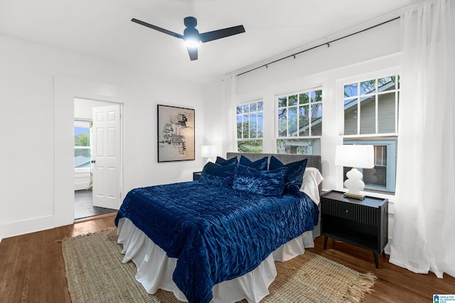 bedroom with dark wood-type flooring, ceiling fan, and multiple windows