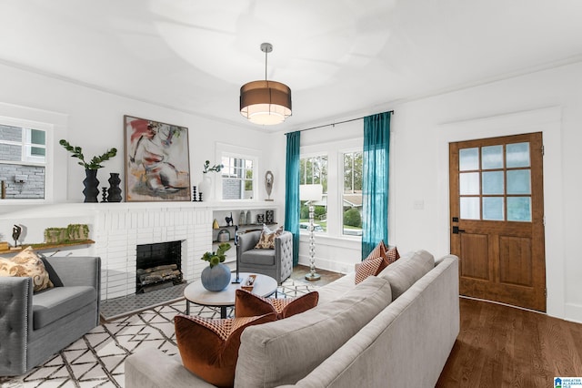 living room featuring a fireplace and hardwood / wood-style flooring