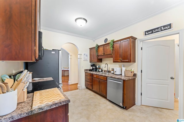 kitchen featuring stainless steel dishwasher, sink, and ornamental molding