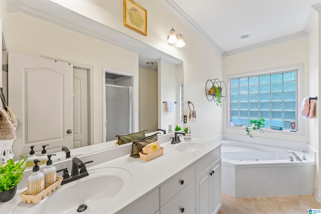 bathroom featuring ornamental molding, vanity, separate shower and tub, and tile patterned floors