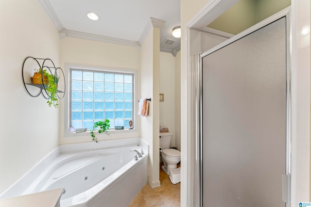 bathroom with toilet, tile patterned flooring, crown molding, and plus walk in shower