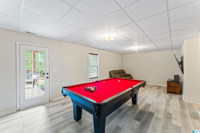 recreation room featuring pool table, a drop ceiling, and light hardwood / wood-style floors