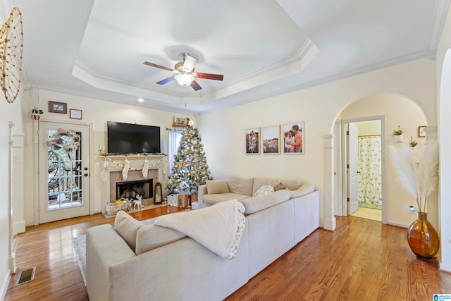 living room featuring wood-type flooring, plenty of natural light, and a tray ceiling