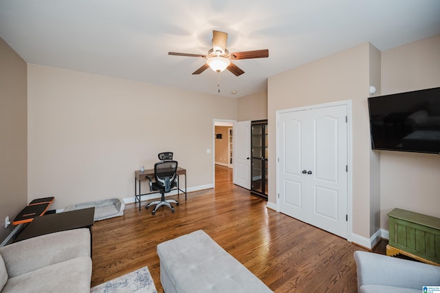 office area featuring hardwood / wood-style flooring and ceiling fan