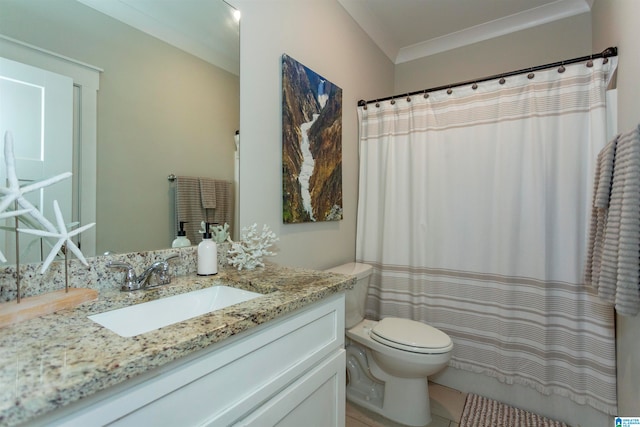 bathroom featuring tile patterned flooring, ornamental molding, a shower with shower curtain, vanity, and toilet