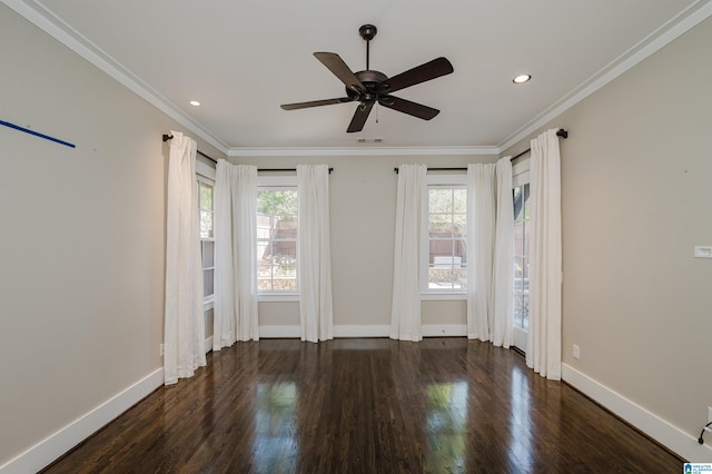 unfurnished room with ornamental molding, dark hardwood / wood-style floors, and ceiling fan