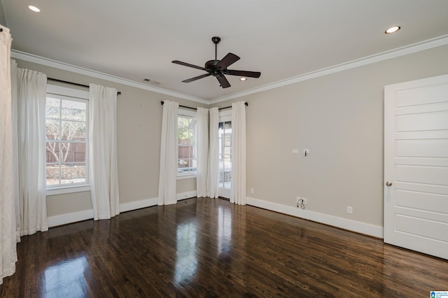 unfurnished room featuring dark hardwood / wood-style floors, crown molding, and ceiling fan