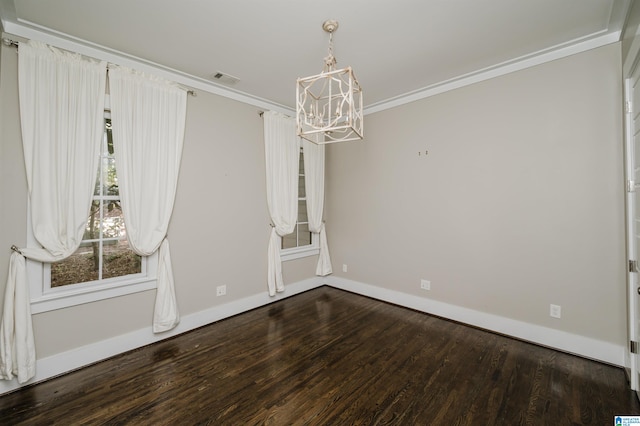 unfurnished dining area featuring hardwood / wood-style flooring, an inviting chandelier, and ornamental molding