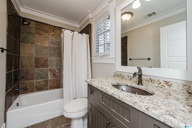 full bathroom with shower / bath combo, toilet, vanity, and crown molding