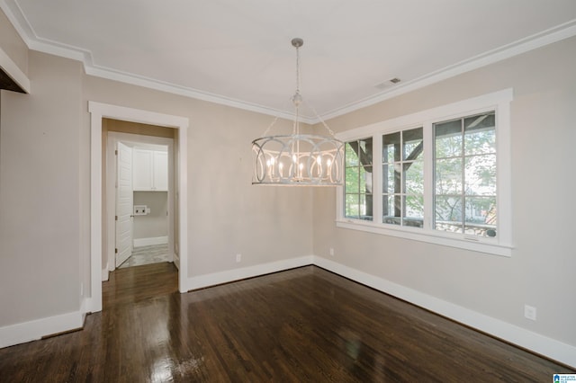 unfurnished dining area with dark hardwood / wood-style flooring, a notable chandelier, and ornamental molding