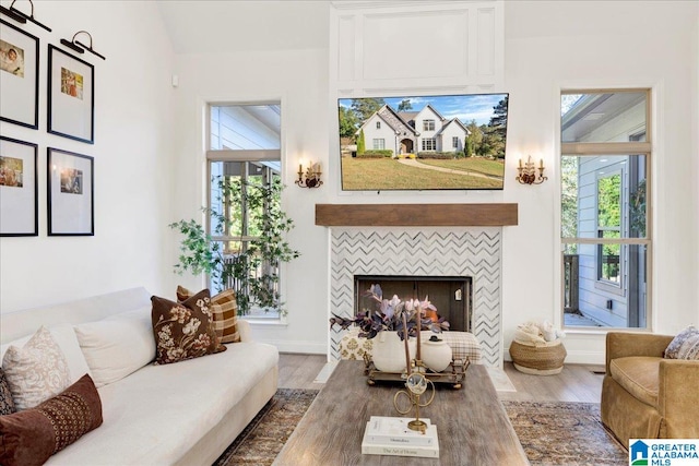 living room featuring a tiled fireplace and hardwood / wood-style flooring