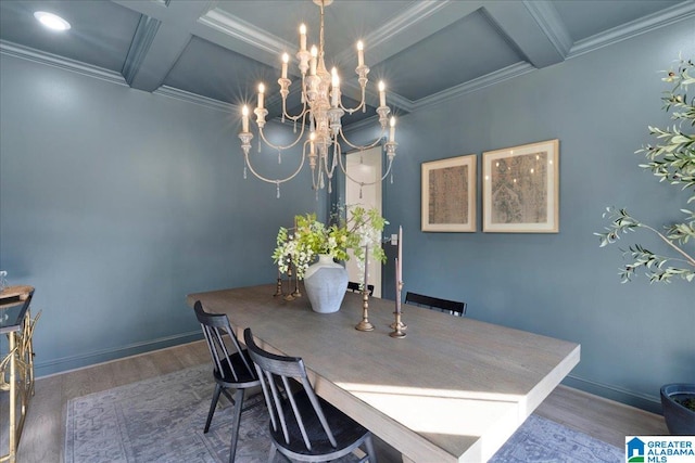 dining space with hardwood / wood-style floors, crown molding, beam ceiling, and coffered ceiling