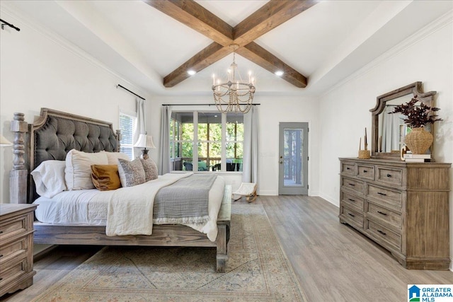 bedroom with access to exterior, a notable chandelier, wood-type flooring, and beam ceiling