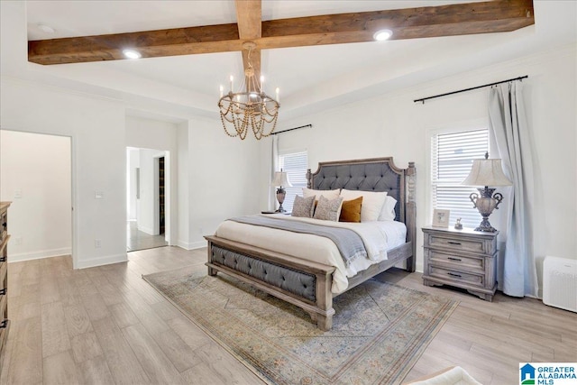 bedroom with light wood-type flooring, beamed ceiling, and an inviting chandelier