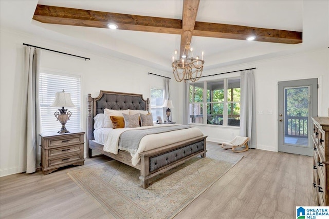 bedroom with beamed ceiling, access to exterior, light hardwood / wood-style flooring, and a notable chandelier