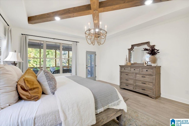 bedroom with light hardwood / wood-style floors, a notable chandelier, and beamed ceiling