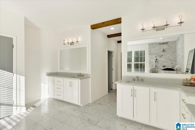 bathroom with beamed ceiling, a shower with shower door, and vanity