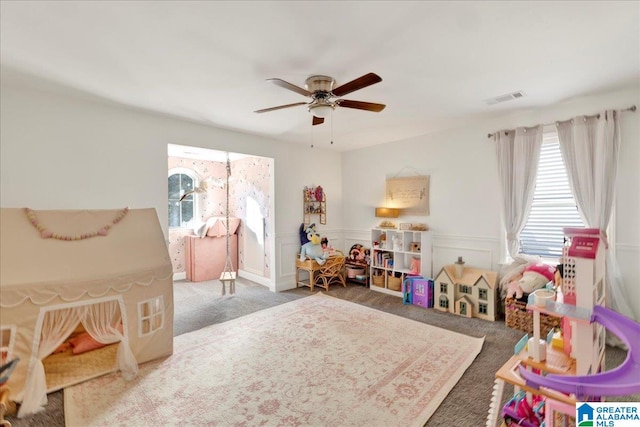 game room featuring ceiling fan and carpet floors