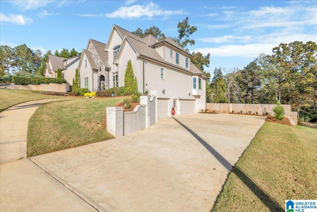 view of property exterior with a lawn and a garage