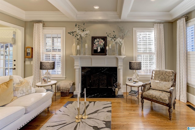 sitting room with a wealth of natural light, hardwood / wood-style flooring, and a high end fireplace