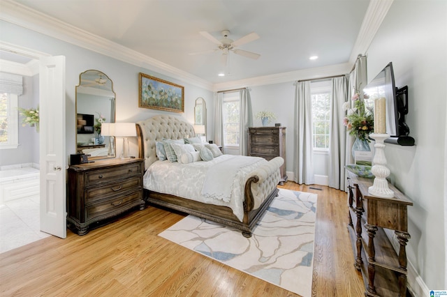 bedroom with light hardwood / wood-style flooring, ceiling fan, and crown molding