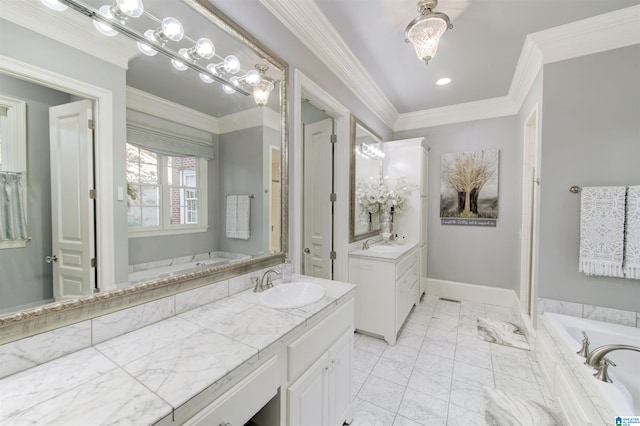 bathroom with vanity, tiled tub, and ornamental molding