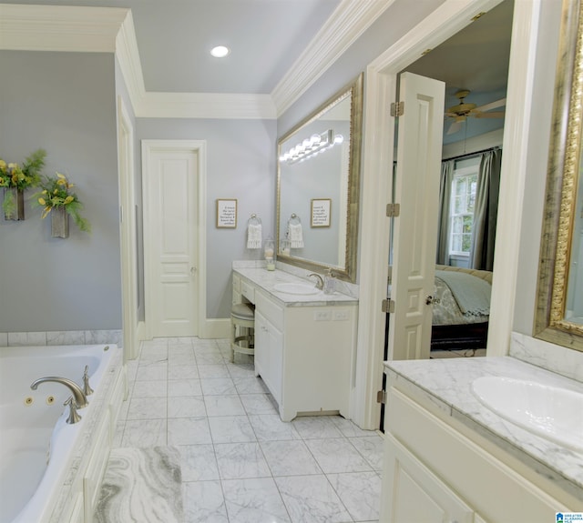 bathroom featuring ceiling fan, vanity, ornamental molding, and tiled tub