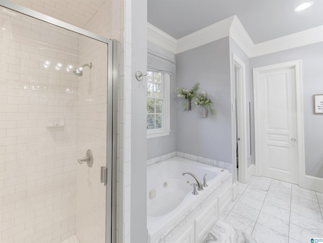 bathroom with plus walk in shower and ornamental molding