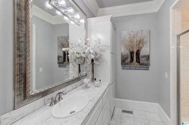 bathroom with a shower with door, vanity, and ornamental molding