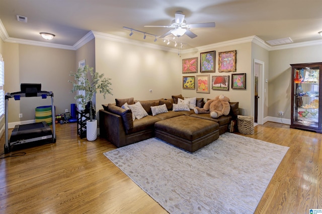 living room with ceiling fan, wood-type flooring, plenty of natural light, and crown molding