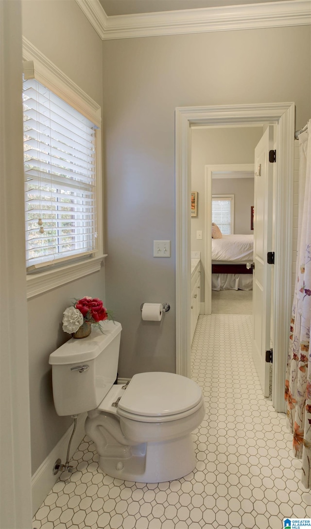 bathroom featuring toilet and crown molding