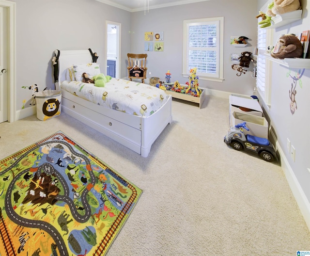 bedroom featuring light carpet and ornamental molding