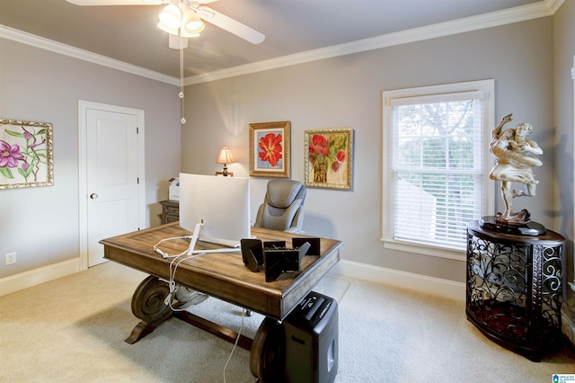 office area featuring ornamental molding, light colored carpet, a healthy amount of sunlight, and ceiling fan