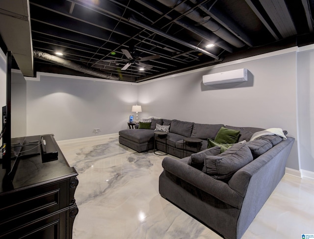 living room with a wall unit AC and ceiling fan