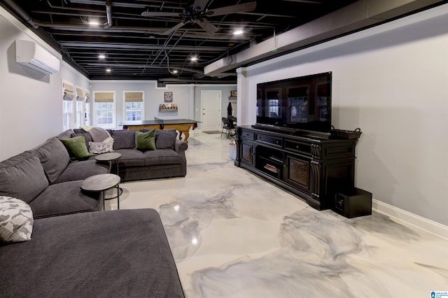 living room with a wall unit AC and pool table