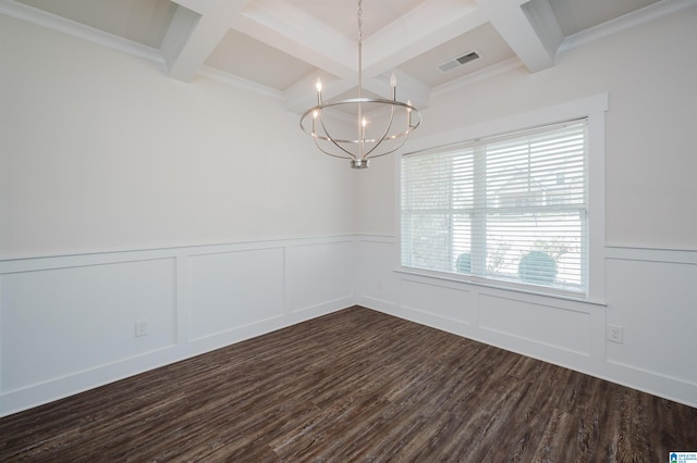 unfurnished room featuring dark hardwood / wood-style flooring, beamed ceiling, crown molding, and an inviting chandelier