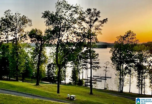 view of community with a yard and a water view