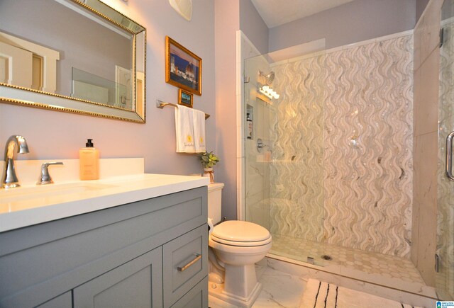 bathroom with vanity, toilet, and a shower with shower door