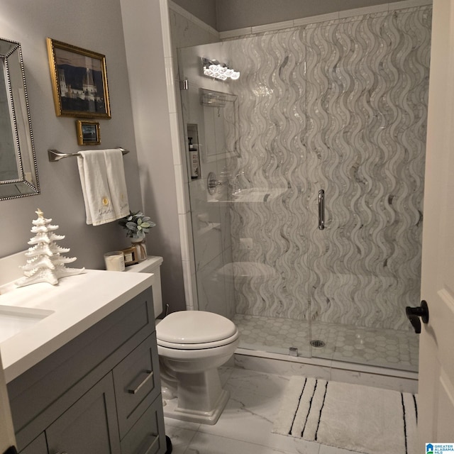 bathroom with walk in shower, vanity, and toilet