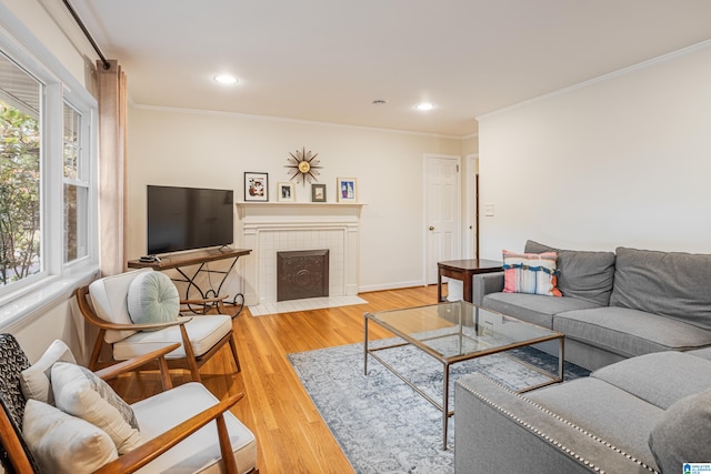 living room featuring a fireplace, light wood-type flooring, and crown molding