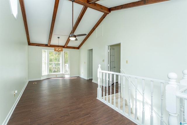 unfurnished room with ceiling fan, beamed ceiling, high vaulted ceiling, and dark hardwood / wood-style flooring