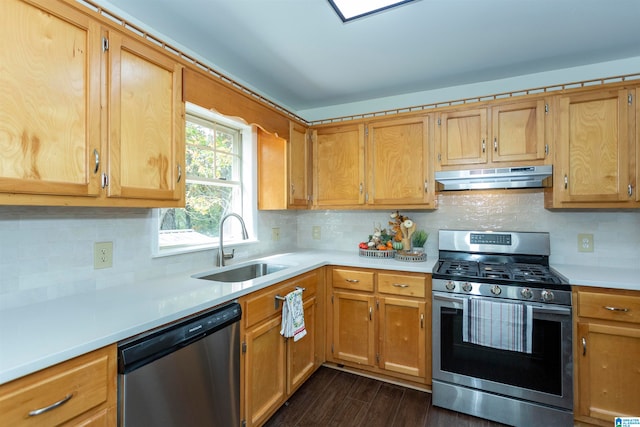 kitchen with tasteful backsplash, sink, dark hardwood / wood-style floors, and stainless steel appliances