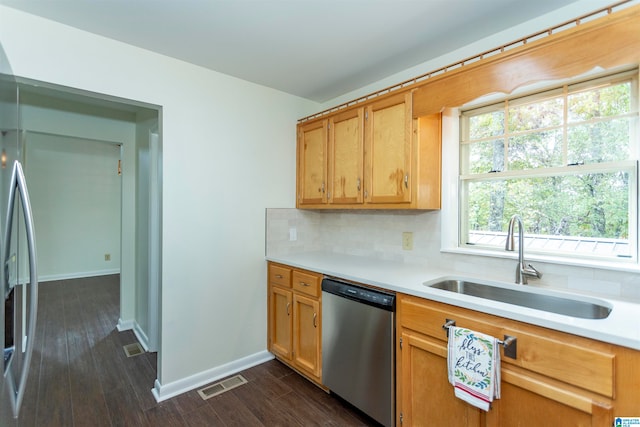 kitchen with tasteful backsplash, stainless steel dishwasher, sink, and dark hardwood / wood-style floors