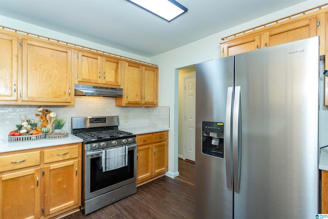 kitchen featuring dark hardwood / wood-style flooring, backsplash, and appliances with stainless steel finishes