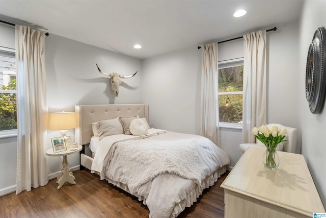 bedroom featuring dark hardwood / wood-style floors and multiple windows