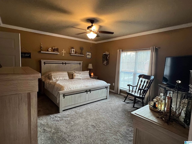 carpeted bedroom with crown molding, a textured ceiling, and ceiling fan