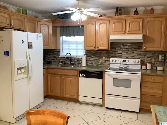 kitchen featuring sink, ornamental molding, ceiling fan, backsplash, and white appliances