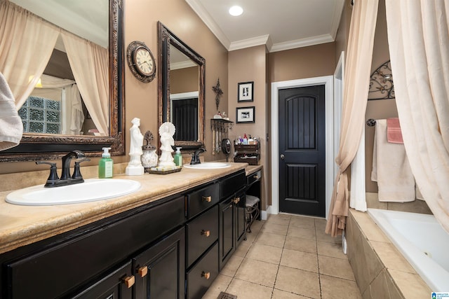 bathroom featuring tile patterned flooring, vanity, tiled tub, and ornamental molding